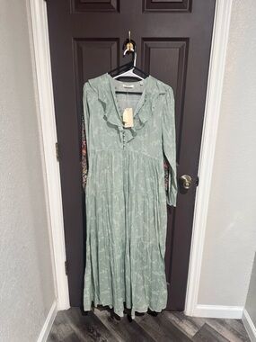 Doen Sage Green Floral Ruffle Maxi Dress